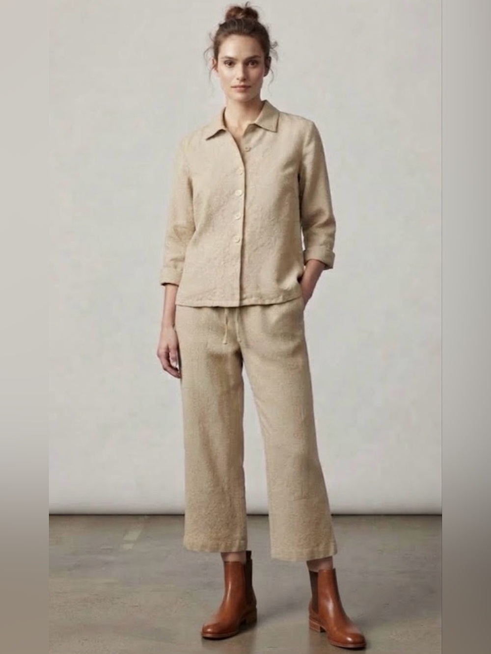 Vintage Laura Scott two-piece linen blend embroidered top and pants set 8P